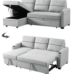 Convertible Sofa Bed with Pull-out Seat, 82Inch L-shaped Sectional Sofa Couch with Storage Chaise and Cup Holders on Armrests, Modern Corner Sofa Bed 