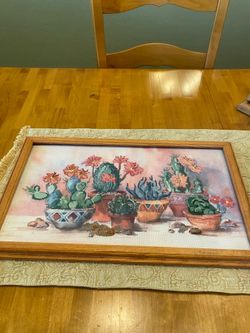 Vintage southwest cross stitch cacti & succulents in pots wall hanging in wood frame. 19 x12 inch.