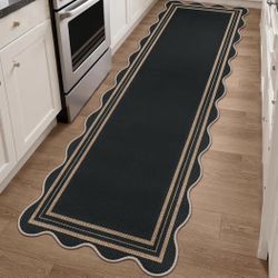 Easy Jute Hallway Runner Rug, 2.6x8 Kitchen Non Slip Runner Washable Outdoor Indoor Long Rug, Farmhouse Morden Scalloped Carpet for Porch Bedroom Laun