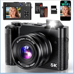 5K Digital Camera, 64MP Cameras for Photography with 6X Optical Zoom & Autofocus, WiFi Vlogging Camera for YouTube Video, Dual-Lens, 2 Batteries, 64GB