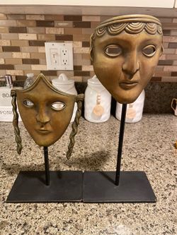 Pair of vintage cast Bronze neoclassical theater Mask sculptures/art by Thomas Blakemore
