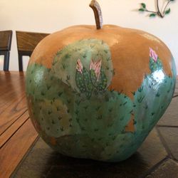 Prickly Pear Cactus In Bloom Hand Painted Dried Gourd 8”