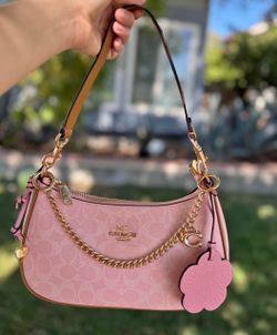 Pink Coach-Style Shoulder Bag with Gold Chain & Charms 💗✨