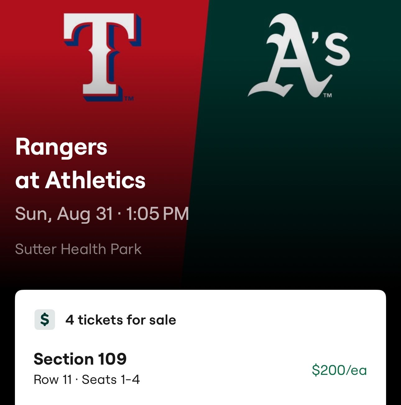 A’s verse Rangers