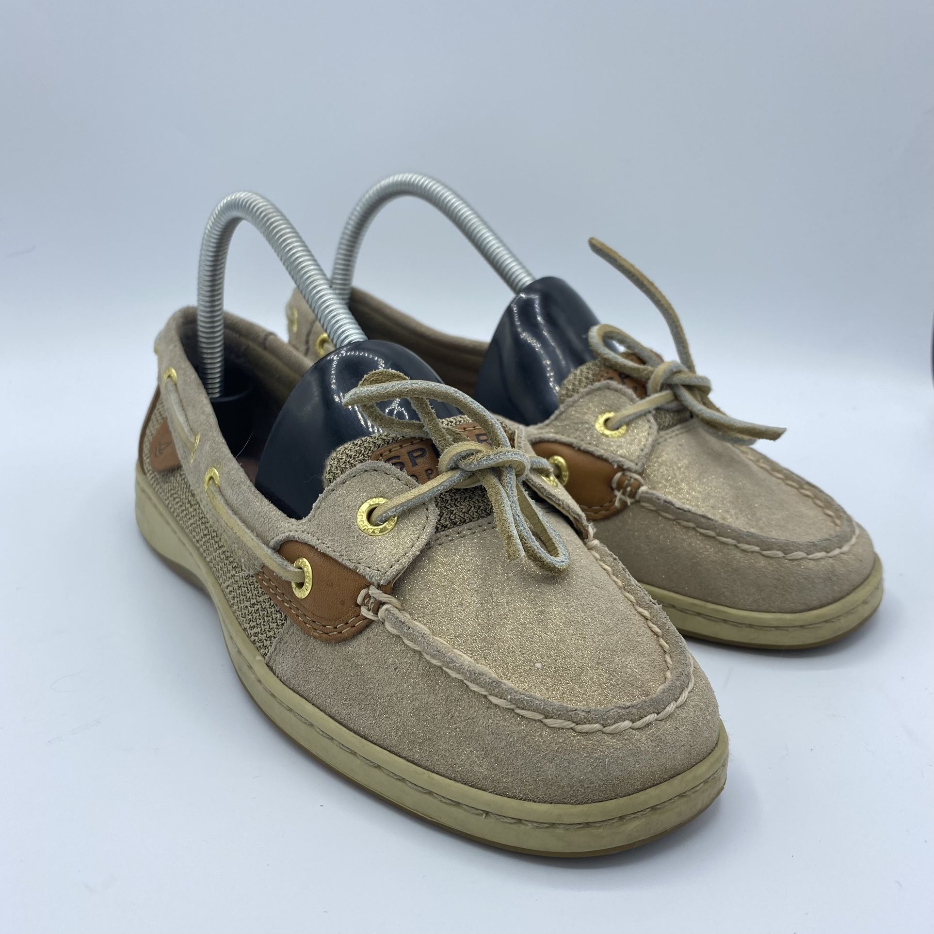 Sperry Top Sider Women’s Size7.5M Gold Glitter Sparkle Tan Beige Slip On Boat