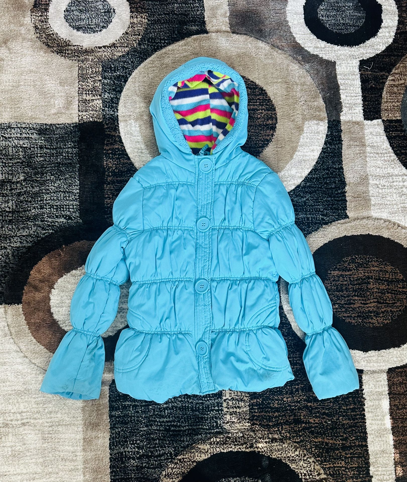 Pink Platinum: Blue Puffy Jacket with Rainbow Insides for Girls