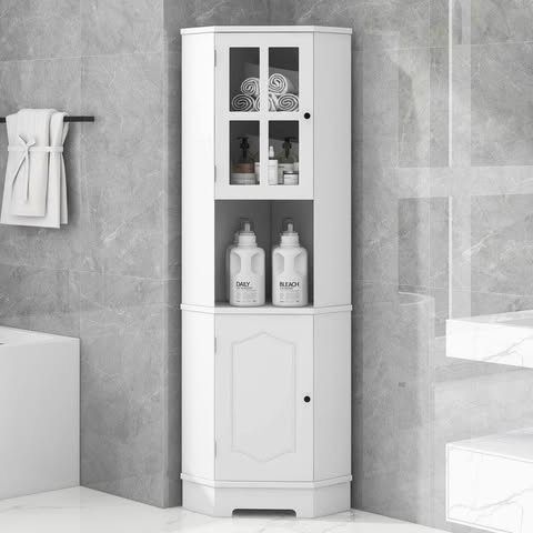 Tall Bathroom Storage Cabinet Corner Cabinet with Glass Door Open Storage Adjustable Shelf White