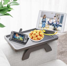 BAMBOOTRAY Couch Arm Table,Sofa Clip on Tray for Armrest Tray with Phone Holder,Couch Table for Living Room Bedroom (Large Gray, 15.3" D x 9.8" W x 1