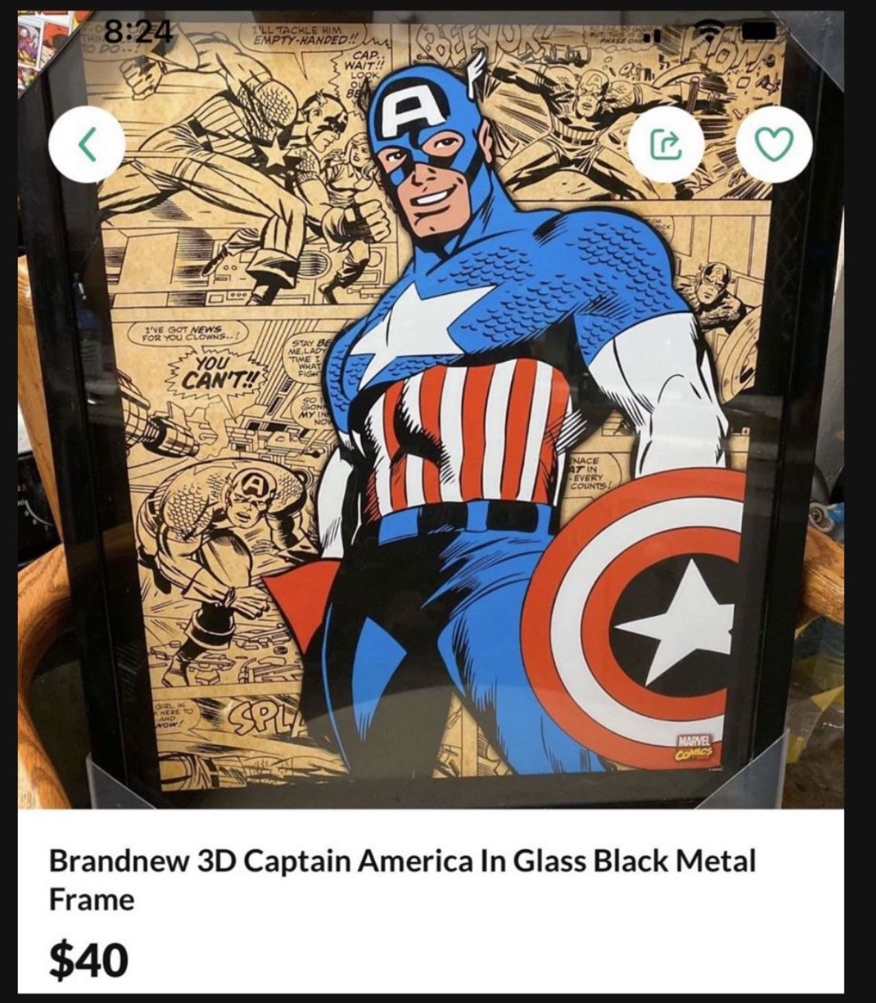 new. 3D captain america  pix in glass frame  