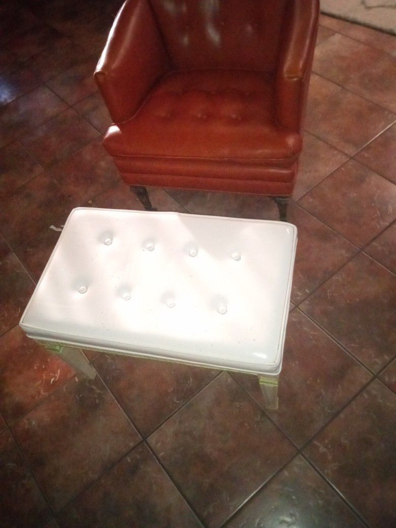 Vintage Orange Leather Barrel Chair On Wheels. N Foot Rest White Leather