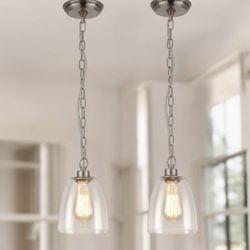 Set Of 2 Modern Farmhouse Pendant Light, 1-Light Industrial Hanging Light Fixture with Chain, Brushed Nickel Finish with Clear Bell Glass Shade