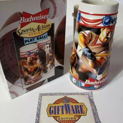 1996 BUDWEISER SPORTS ACTION PLAY BALL BASEBALL STEIN NEW WITH COA.