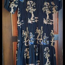 ZARA Dress Size L Midi Boho Puff Sleeve Stretch Embroidered  Oriental Holly