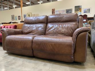 Brown Leather Reclining Sofa with Decorative Contrast Stitching (Power Cord Not Included)