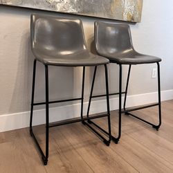 TWO Grey Leather & Black Metal Counter Chairs- Bar Stools- Counter Height Stools