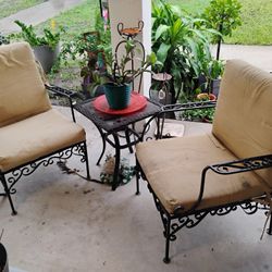 2 Wrought Iron Patio Chairs W 2 Small Tables