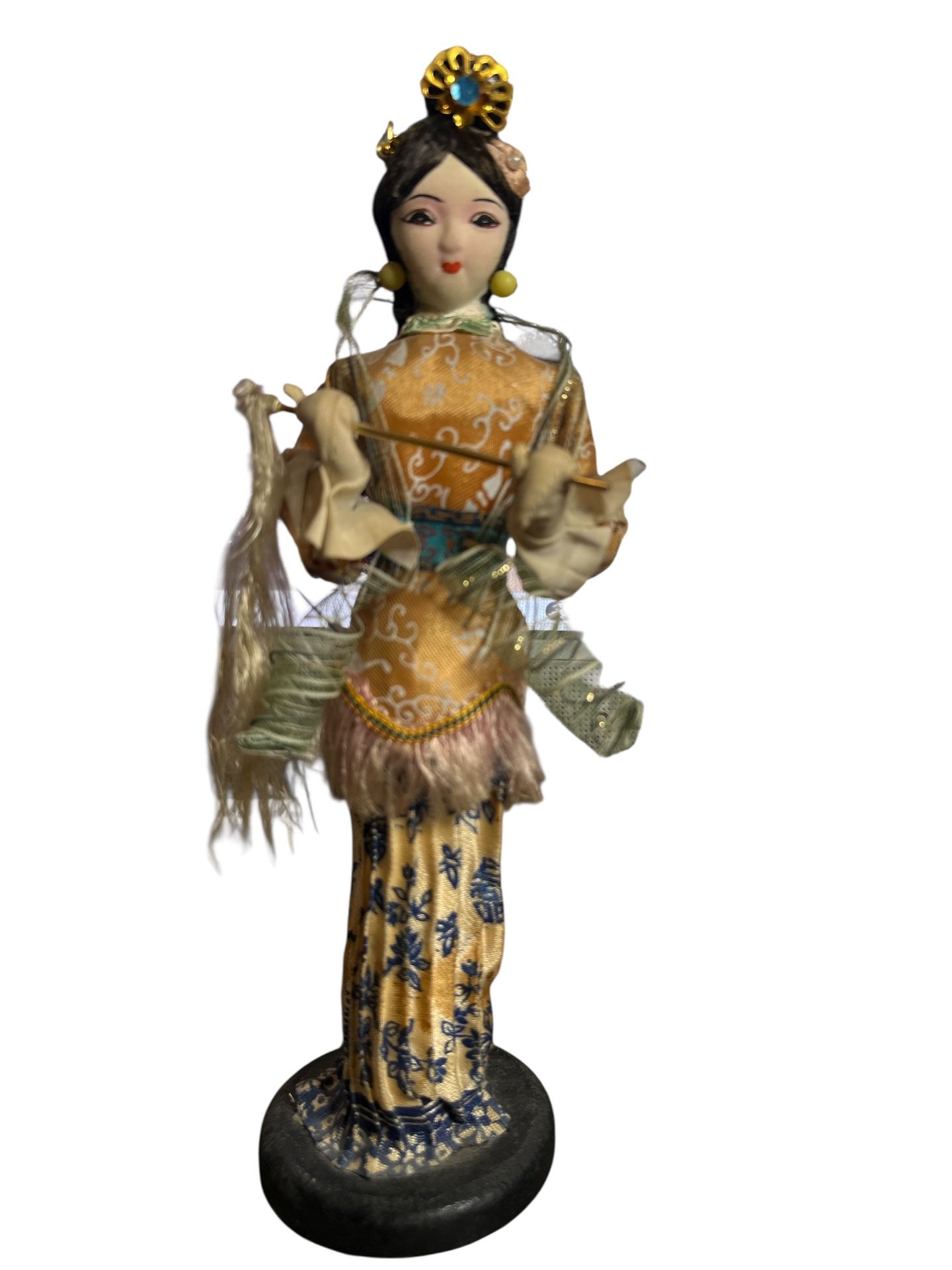 vintage Japanese Geisha doll. These dolls are known for their intricate details and are often depicted wearing elegant kimonos. Geisha dolls originat