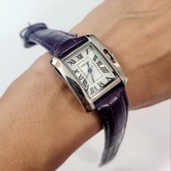 Purple Genuine Leather Band Silver Case Women's Lady's Watch Quartz 28mm Dial New Gift