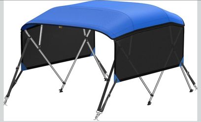 KAKIT 4 Bow Bimini Tops with Mesh Sidewalls Support Poles for Boats Marine Grade Canvas Top Includes 2 Straps Storage Boot 1 Inch Aluminum Frame Size: