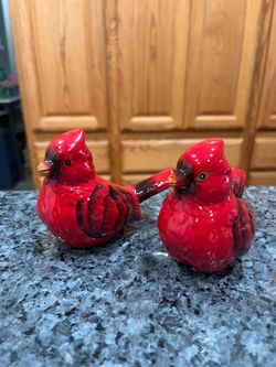 Vintage Ceramic Cardinal pair of Salt and Pepper Shakers. Size approximately 3 inches tall. Preowned. There are no white spots on the shakers the