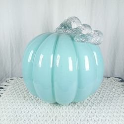 11" Hand-Blown Glass Centerpiece Teal Green Pumpkin Textured Stem Fall Autumn 