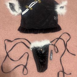 New Small m black lace velvet feather geisha top panty lingerie set