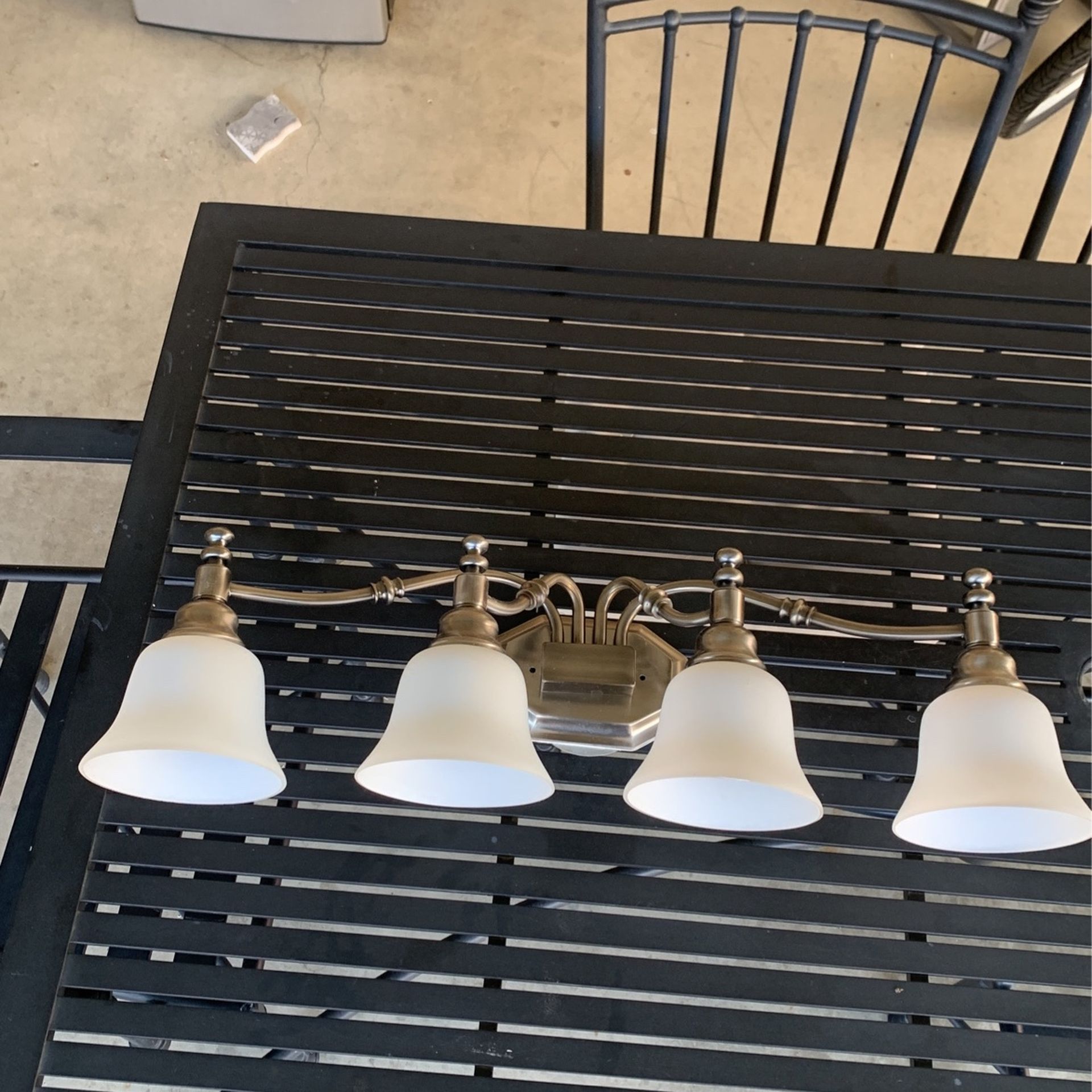 Brushed Nickel Finish Bathroom Light Fixture Alabaster Glass Bells