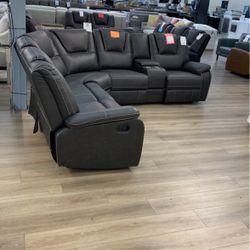 Gray Breathable Leather Sectional Manual Recliner