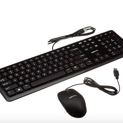 NEW IN BOX Amazon Basics Wired Keyboard and Mouse Bundle, Full-Sized, QWERTY Layout, Black