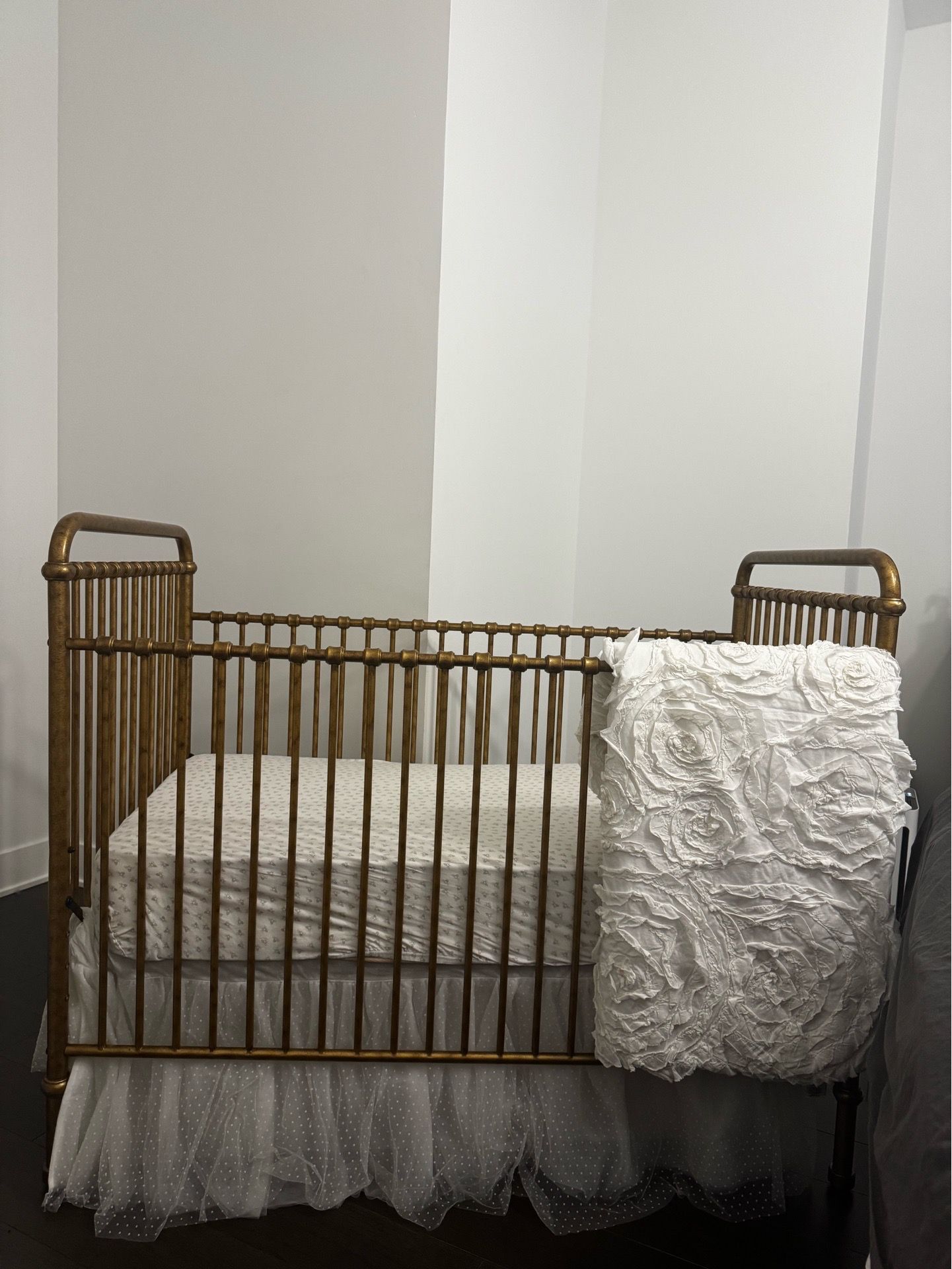 Namesake Abigail 3-in-1 Metal Convertible Crib (Vintage Gold) • Premium Organic crib mattress • White tulle crib skirt/curtain • LoveShackFancy Sweet