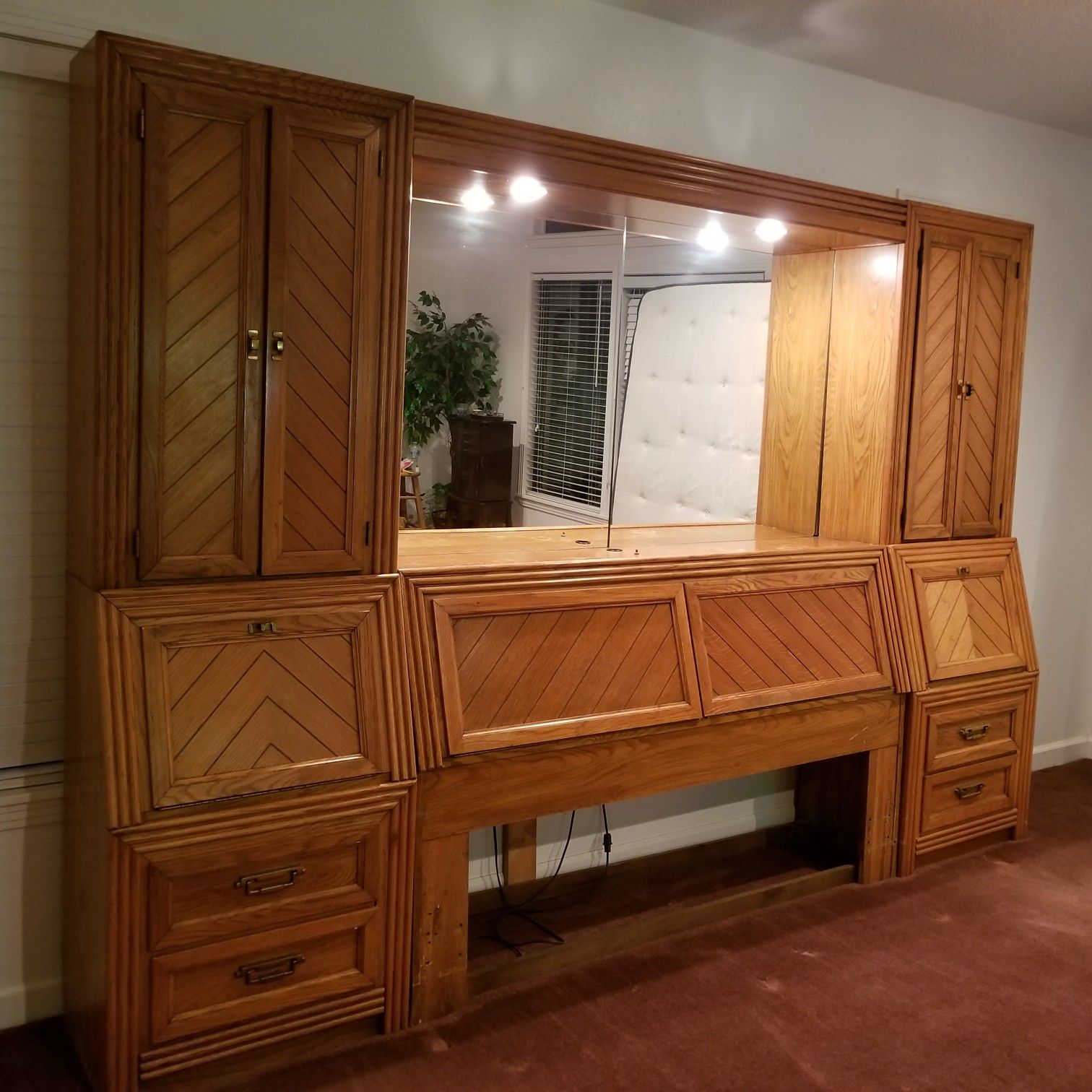 Queen size - headboard mirror wall unit with overhead lights and storage.
