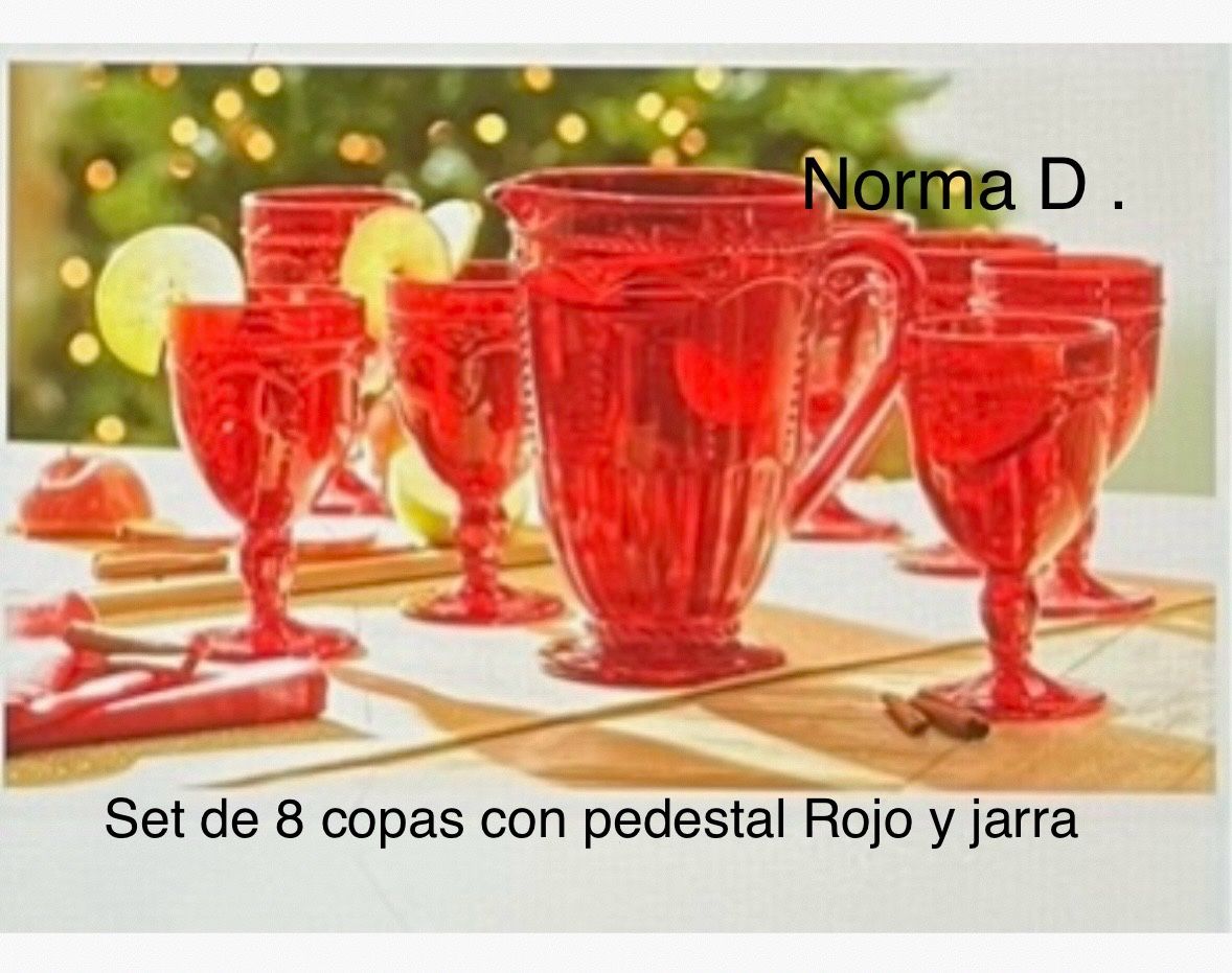 Set De 8 Copas Con Pedestal Rojo Y Jarra Nuevas En Su Caja ๐บ Princess House ๐บ