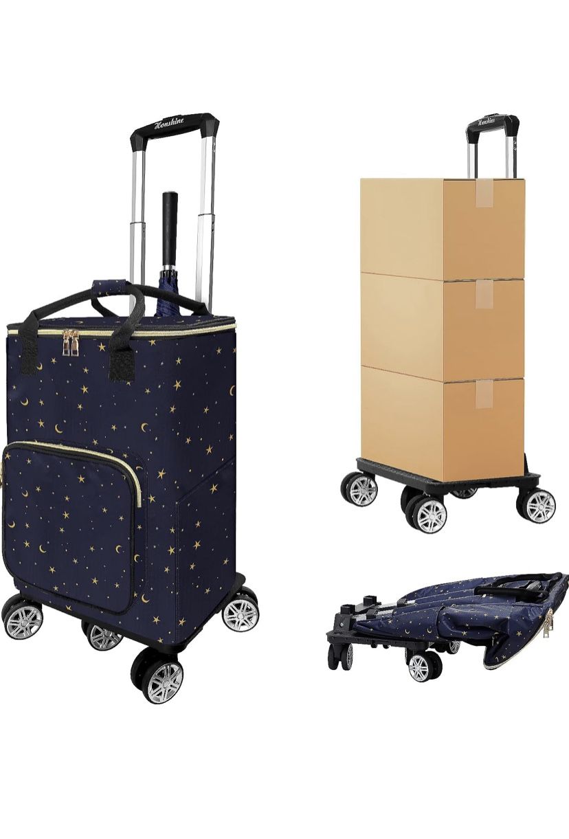 Shopping Cart with 5 Swivel Wheels, Foldable Grocery Cart with Large Waterproof Removable Bag 