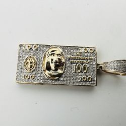 10k White and Yellow Gold & Diamond 100 Dollar Bill Pendant