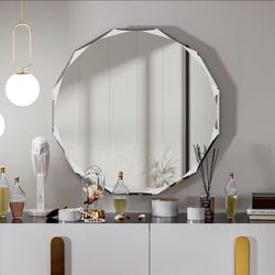 Single Beveled Edge Circle Mirror Frameless Wall Mount Bathroom Vanity Mirror...