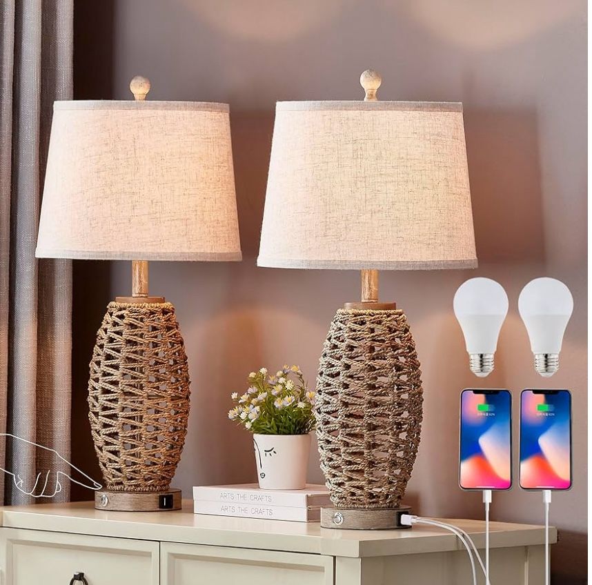 27” Natural Rattan Table Lamps Set of 2,Touch Switch,3-Way Dimmable with A+C USB