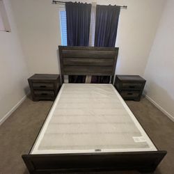 Gray Oak Queen Bed Frame; Headboard; Nightstand