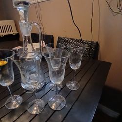 Wine set Crystal butterflies etched in the glass cups and the Pitcher.