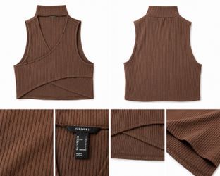 Forever 21 Brown Ribbed One-Shoulder Mock Neck Crop Top Size Large