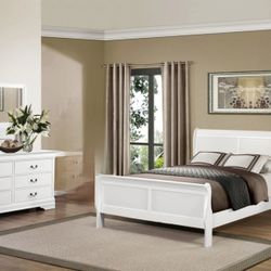 Queen Bedroom Set : Dresser + Mirror + Hradboard + Footboard + Slats + Nightstand 