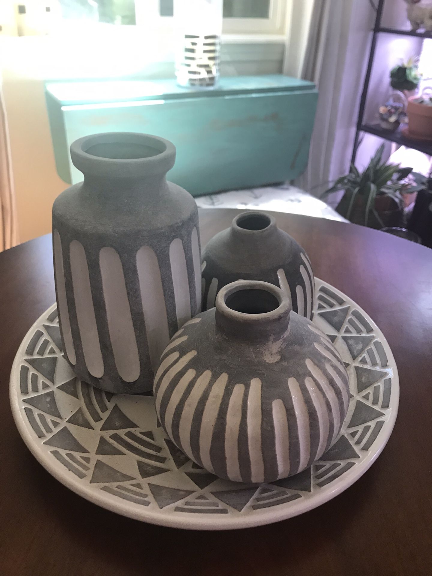 Gray And White Vases With Matching Platter