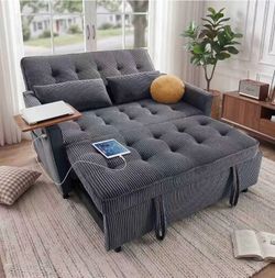 54" Gray Corduroy Sleeper Sofa with Pull-Out Bed and USB Ports