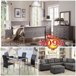 New grey home bundle bedroom set dining sofa