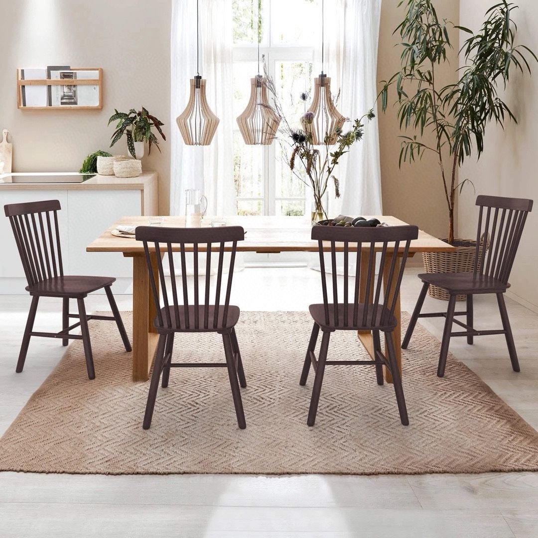 Brwon Set of 4 Dining Chair, Solid Wood Spindle Back Wooden Chairs for Kitchen and Dining Room