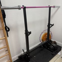 Squat Rack, Weight Discs & Pink Olympic Barbell 35 Pounds 