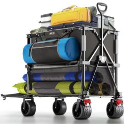 ☆ Overmont 400L Foldable Double Decker Wagon - Large Capacity Collapsible Wagon Cart- 47" Extra Long Extender - All-Terrain Big Wheels for Camping, Fo