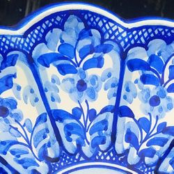 Blue hand painted scalloped 15.5" platter plate made in Portugal 