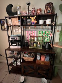 Bakers rack with power outlet, coffee bar