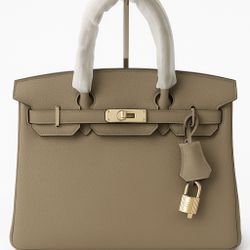 30 CM Leather Handbag, Tote, Taupe With Gold Hardware, Crossbody  Strap And Lock. NEW $188.