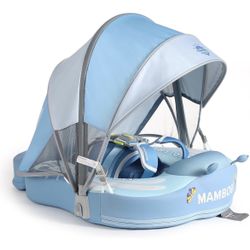 Mambobaby Baby Float with Canopy & Add Tail – Non-Inflatable Swim Trainer for Infant Waist, Upgraded Adjustable Safety Strap, Portable Pool Floats Toy